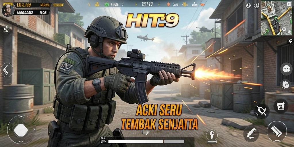 Tampilan antarmuka game Tembak Senjata HIT9 yang menegangkan.